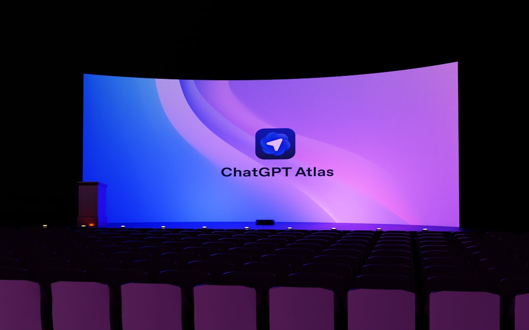 ChatGPT Atlas logo displayed on a massive cinema screen with vibrant purple and blue gradient background. The sleek presentation features the iconic messenger-style icon in a movie theater setting with rows of purple seats. Perfect representation of AI technology, digital innovation, and modern presentation design showcasing artificial intelligence branding in an immersive entertainment environment.